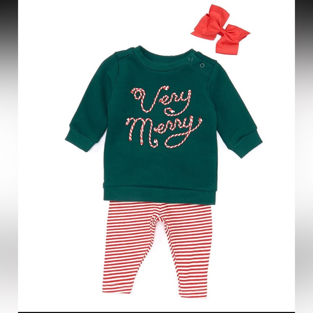 New! Very Merry long sleeve top & stripe legging set with bow - Picture 2 of 5